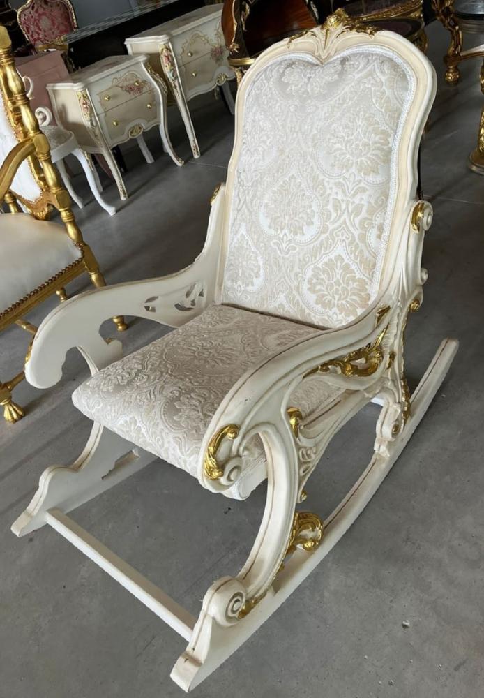 Casa Padrino Barock Schaukelsessel Silber / Beige / Creme / Weiß / Gold - Handgefertigter Schaukelstuhl mit Armlehnen und Fußstütze - Barock Möbel - Wohnzimmer Möbel im Barockstil Bild 1