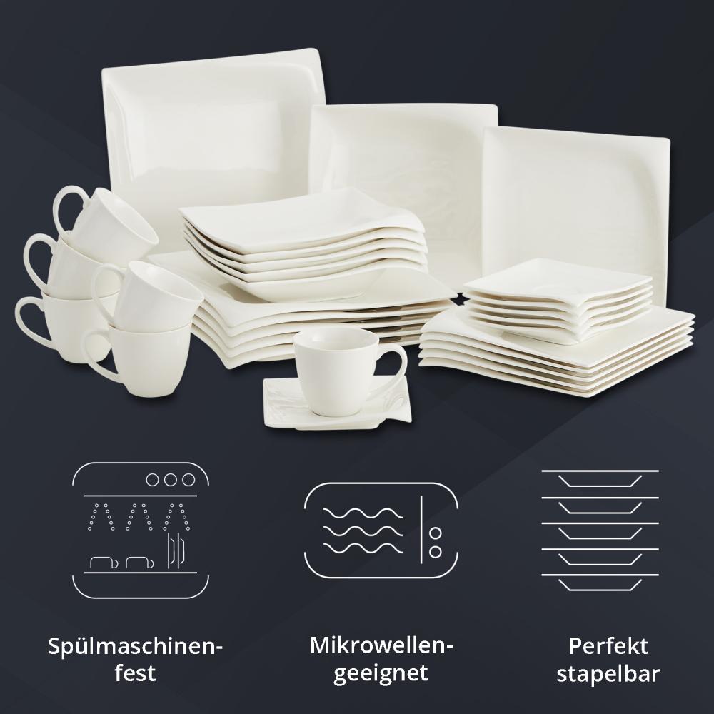 Peill+Putzler Germany Kombiservice | 30-teiliges Geschirrset für 6 Personen aus Porzellan weiß | Modern eckig | spülmaschinenfest Bild 1