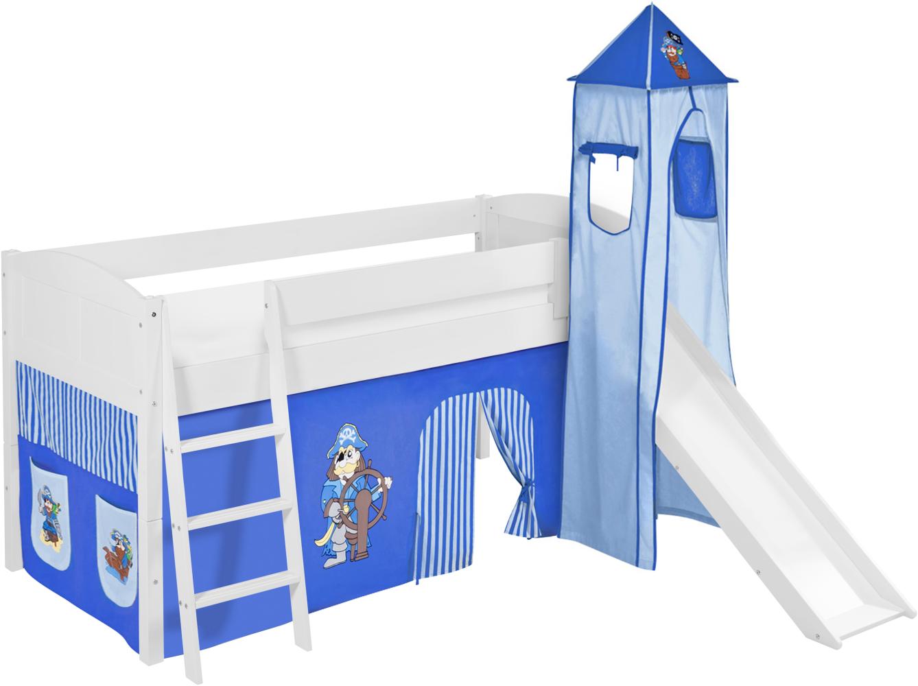 Lilokids 'Ida 4106' Spielbett 90 x 200 cm, Pirat Blau, Kiefer massiv, mit Turm, Rutsche und Vorhang Bild 1