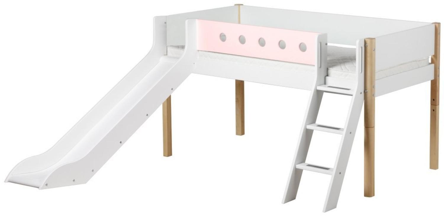 Flexa 'White' Halbhochbett mit Rutsche, weiß/natur/rosa, schräge Leiter, 90x190cm Bild 1