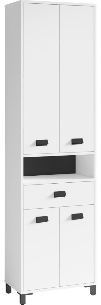 byLIVING Badezimmer-Hochschrank WELLNESS in Melamin weiß, Griffe aus Metall in schwarz / Badezimmerschrank 4 Türen mit offenen Elementen & viel Stauraum / B 54, H 193, T 31 cm Bild 1