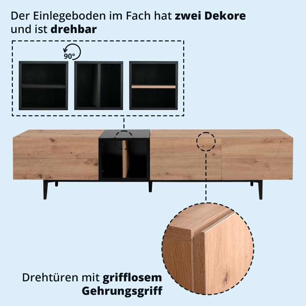 KHG Lowboard mit 5 Fächern & 3 Klapptüren modern, TV-Bank aus Holzwerkstoff Holzoptik lackiert, Gestell & Akzente in schwarz - 195 x 48 x 47 cm (B/H/T) Bild 1