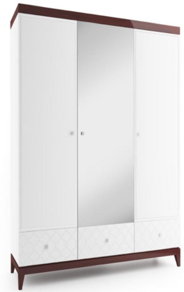 Casa Padrino Luxus Kleiderschrank Weiß / Hochglanz Braun 171,4 x 60 x H. 205 cm - Massivholz Schlafzimmerschrank mit Spiegel - Schlafzimmermöbel Bild 1