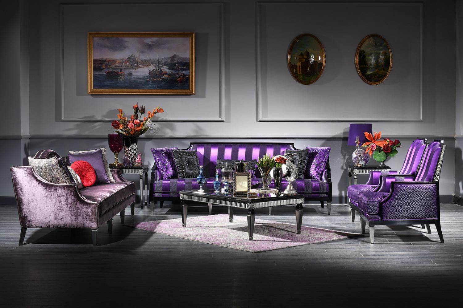 Casa Padrino Luxus Barock Wohnzimmer Set Lila / Schwarz / Silber - 2 Sofas & 2 Sessel & 1 Couchtisch & 2 Beistelltische - Barockmöbel Bild 1