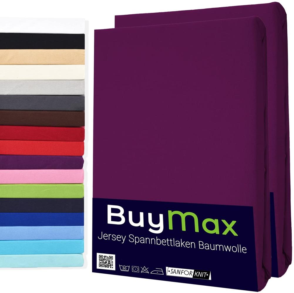Buymax Spannbettlaken 160x200cm Doppelpack 100% Baumwolle Spannbetttuch Bettlaken Jersey, Matratzenhöhe bis 25 cm, Farbe Aubergine Bild 1