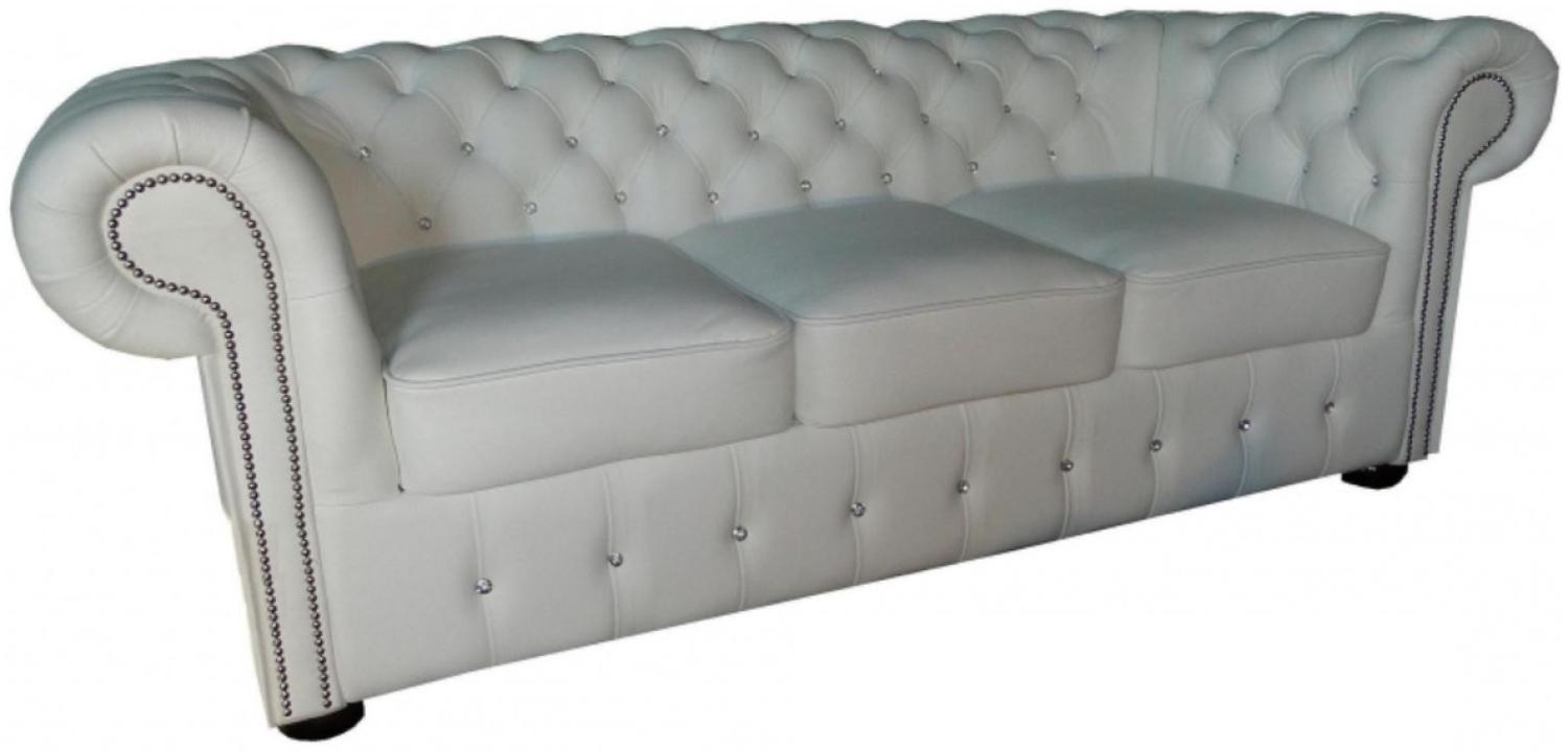 Casa Padrino Chesterfield Echtleder 3er Sofa in weiß mit Glitzersteinen 200 x 90 x H. 78 cm Bild 1