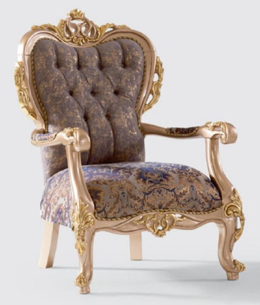 Casa Padrino Luxus Barock Sessel Lila / Grau / Gold 80 x 90 x H. 123 cm - Handgefertigter Wohnzimmer Sessel mit elegantem Muster - Barock Wohnzimmer Möbel - Edel & Prunkvoll Bild 1