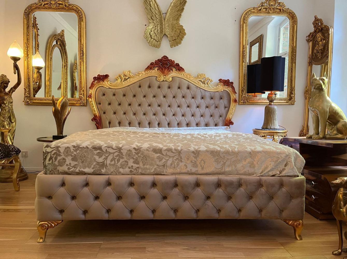 Casa Padrino Luxus Barock Doppelbett mit Matratze Grau / Gold / Braun - Prunkvolles Massivholz Bett - Luxus Schlafzimmer Möbel im Barockstil - Barock Möbel - Edel & Prunkvoll Bild 1
