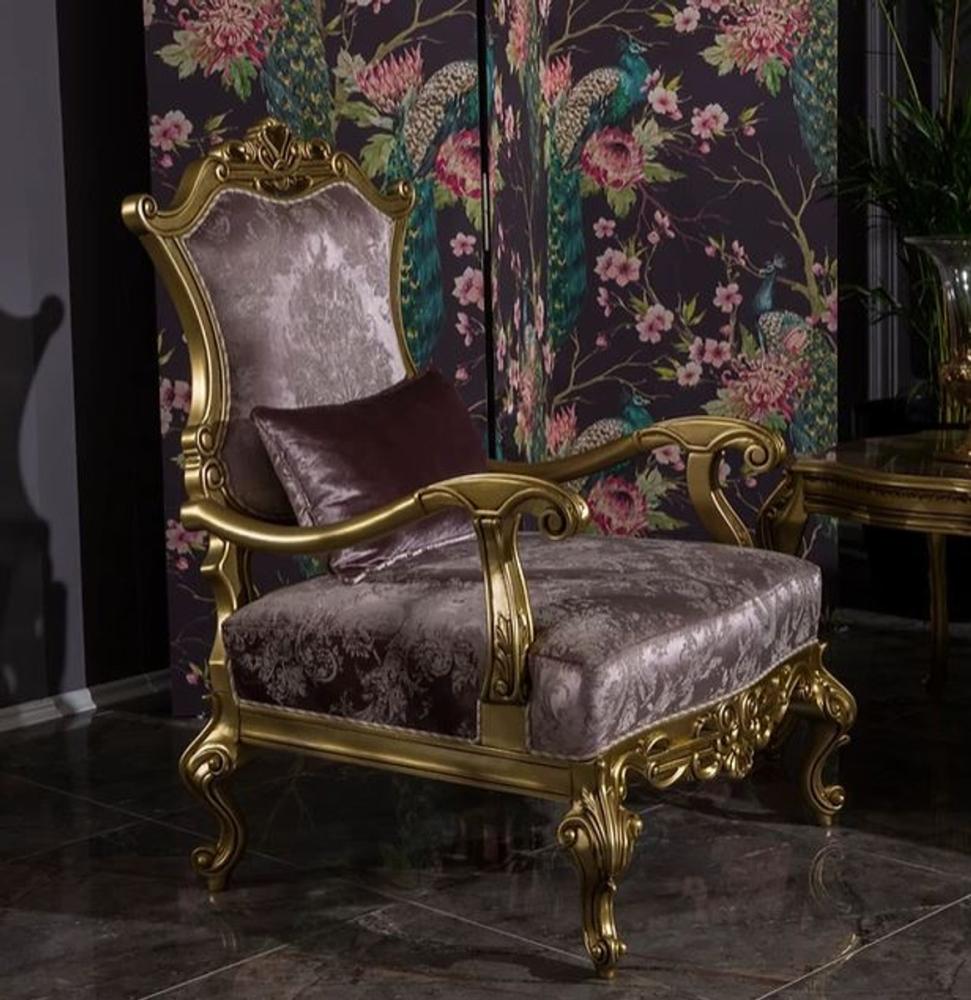 Casa Padrino Luxus Barock Wohnzimmer Sessel mit dekorativem Kissen Fliederfarben / Gold 79 x 73 x H. 110 cm - Prunkvolle Barock Möbel Bild 1