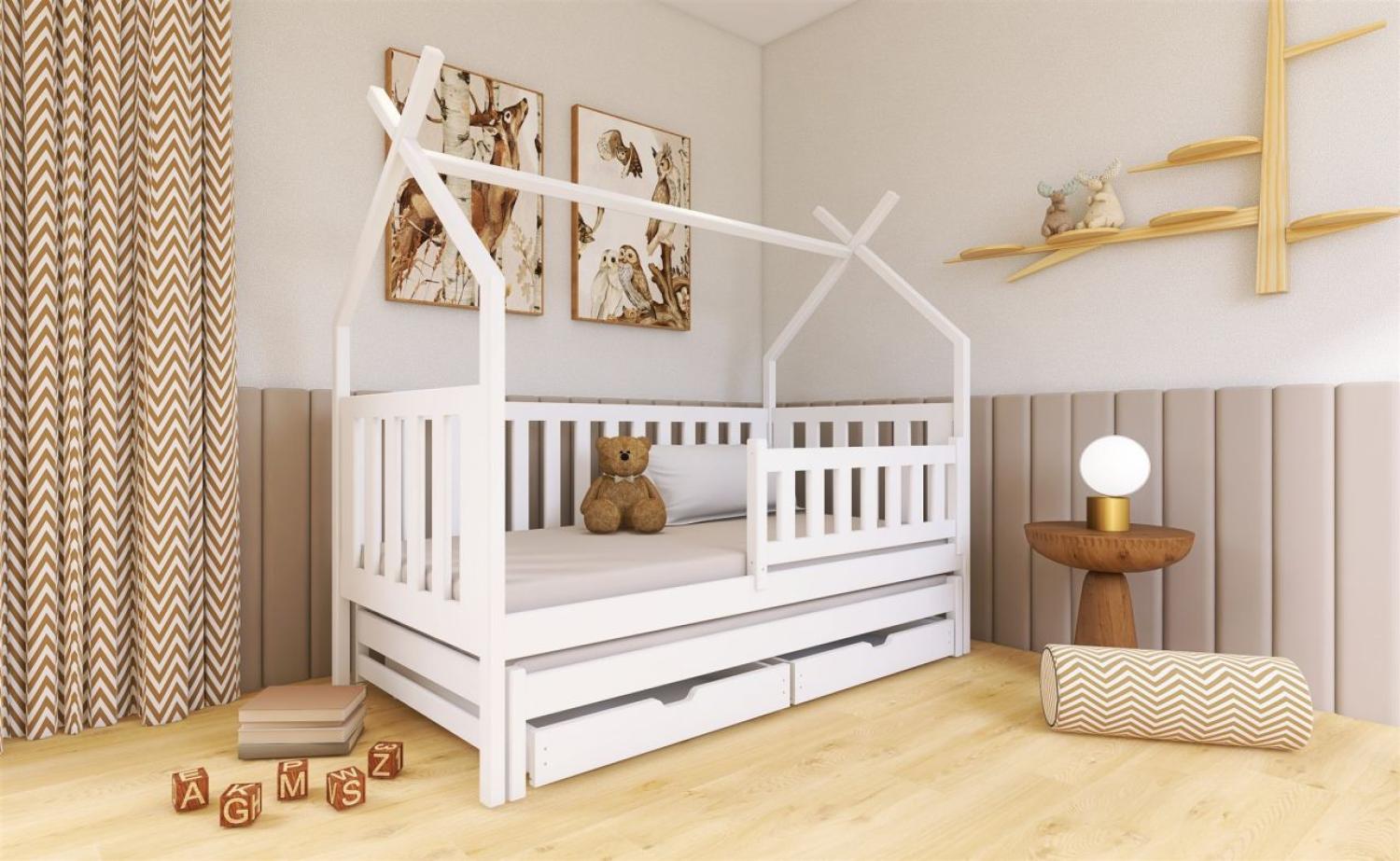 Hausbett Kinderbett POPPY 200x90cm Kiefer Massiv Weiß inkl. Zusatzbett Bild 1