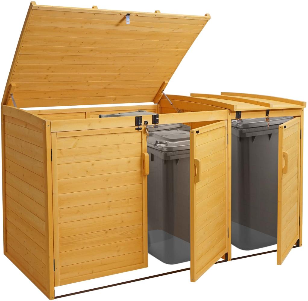 XL 3er-/6er-Mülltonnenverkleidung HWC-H75b, Mülltonnenbox, erweiterbar 138x207x105cm Holz MVG-zertifiziert ~ braun Bild 1