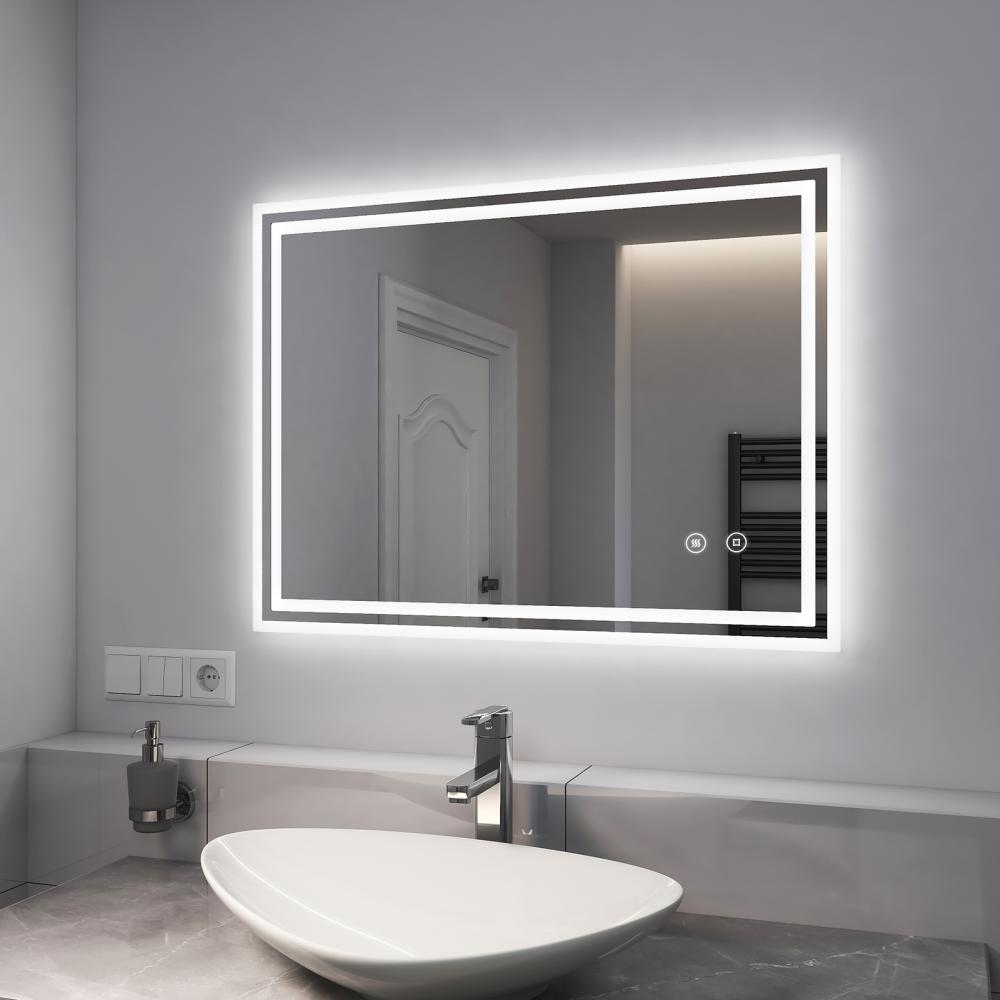 EMKE Badspiegel mit LED Beleuchtung, Touch 6500K Beschlagfrei, Dimmbar, Speicherfunktion, Horizontal&Vertical 90×70cm Bild 1