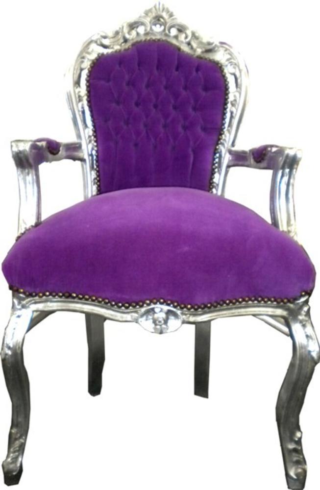 Casa Padrino Barock Esszimmer Stuhl Lila / Silber mit Armlehnen - Möbel Barock Bild 1