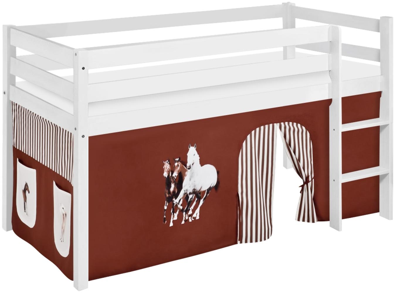 Lilokids 'Jelle' Spielbett 90 x 190 cm, Pferde Braun Beige, Kiefer massiv, mit Vorhang Bild 1