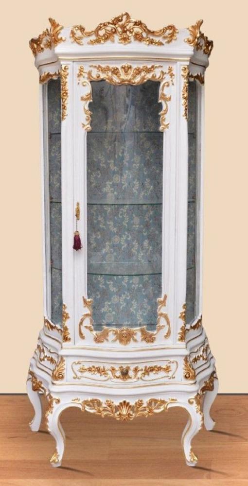 Casa Padrino Barock Vitrine Weiß / Gold - Prunkvoller Barock Vitrinenschrank mit Glastür und Schublade - Handgefertigte Barock Wohnzimmer Möbel Bild 1
