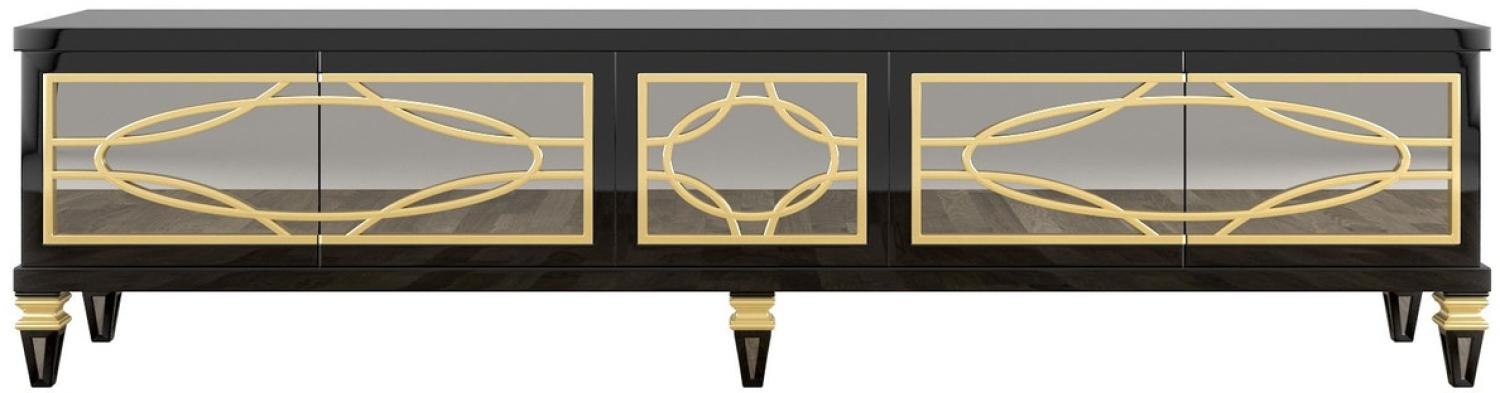 Casa Padrino Luxus Barock TV Schrank Schwarz / Gold 213 x 55 x H. 66 cm - Prunkvoller Fernsehschrank mit 5 verspiegelten Türen - Barock Möbel Bild 1
