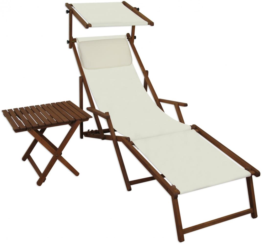 Liegestuhl weiß Fußteil Sonnendach Kissen Tisch Gartenliege Holz Sonnenliege 10-303 F S T KH Bild 1