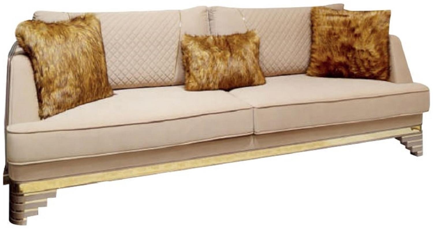 Casa Padrino Luxus Art Deco Sofa Beige / Lila / Grau / Gold - Edles Wohnzimmer Sofa mit Marmoroptik - Luxus Art Deco Wohnzimmer & Hotel Möbel Bild 1