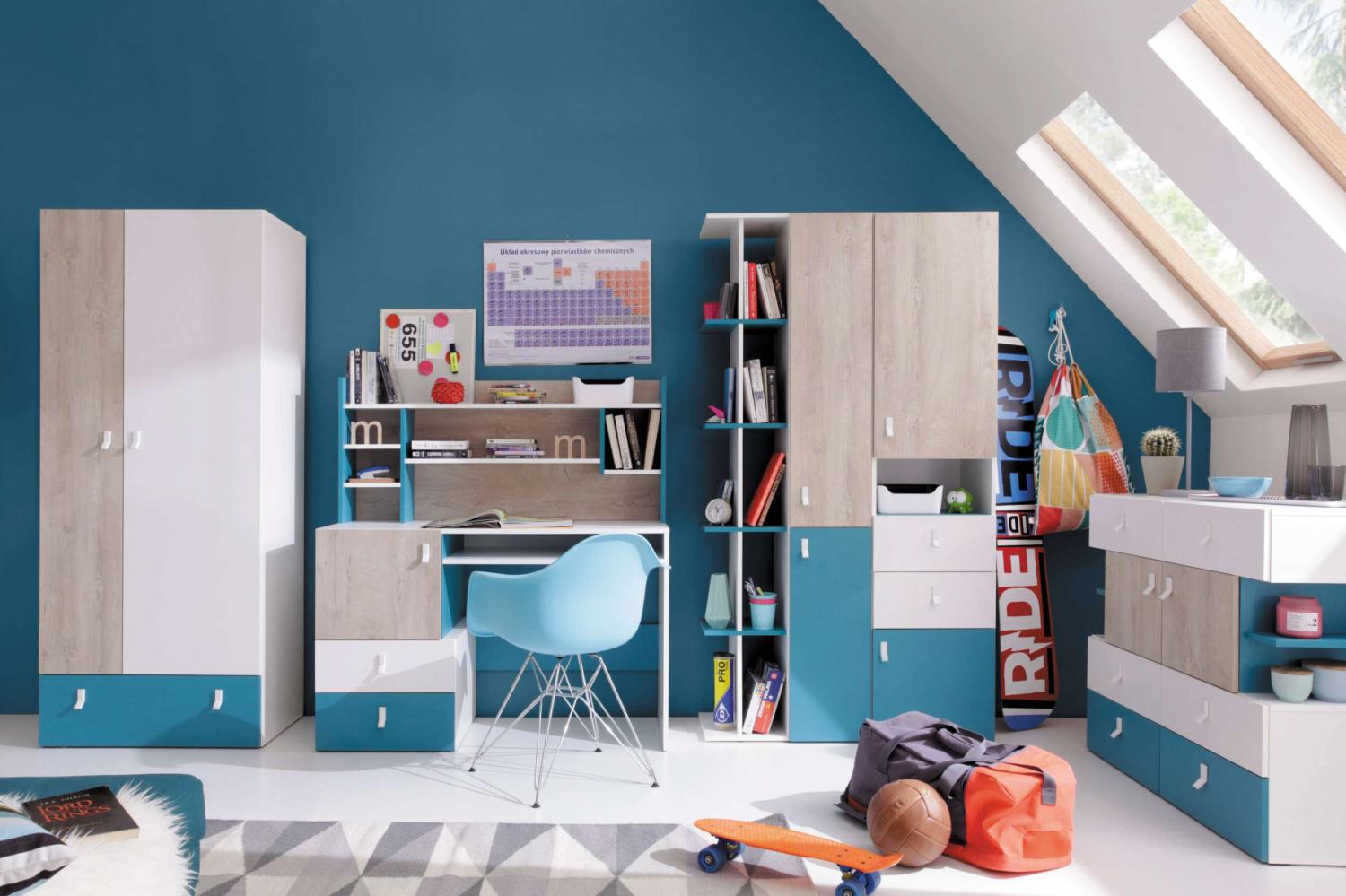 99rooms Sirius Kinderzimmer-Set III Weiß Hochglanz Eiche Meerblau Bild 1