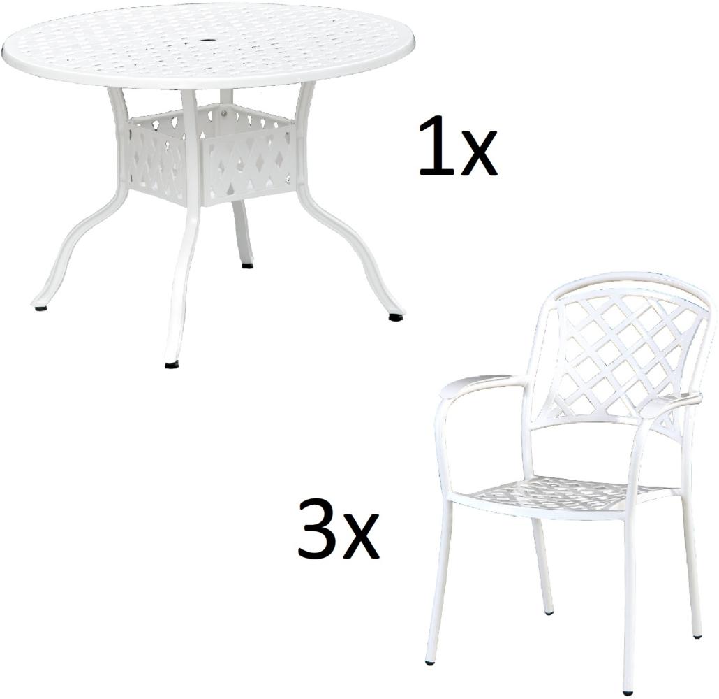 Inko 4-teilige Sitzgruppe Aluminium Guss weiß Tisch Ø 106 cm mit 3 Sesseln Tisch Ø106 cm mit 3x Sessel Capri Bild 1
