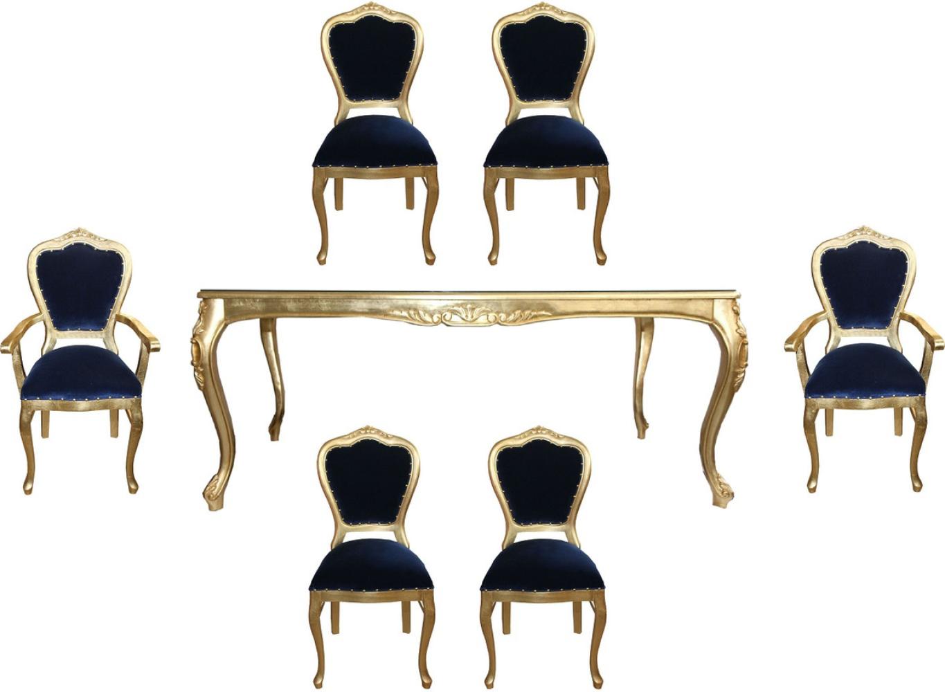 Casa Padrino Luxus Barock Esszimmer Set Royalblau / Gold - 1 Esstisch mit Glasplatte und 6 Stühle - Barock Esszimmermöbel - Made in Italy - Luxury Collection Bild 1