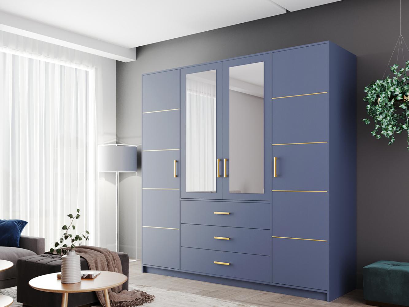 Kleiderschrank Bado II, mit Frontspiegel, Farbe: Blau / Blau + Gold Bild 1