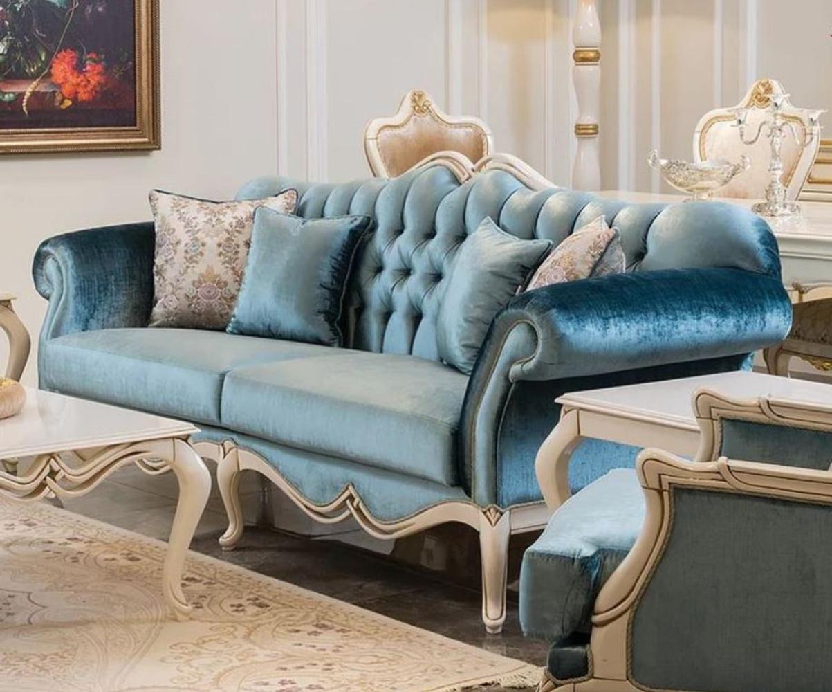 Casa Padrino Luxus Barock Sofa Blau / Weiß 225 x 87 x H. 101 cm - Wohnzimmer Sofa mit dekorativen Kissen - Wohnzimmer Möbel im Barockstil Bild 1