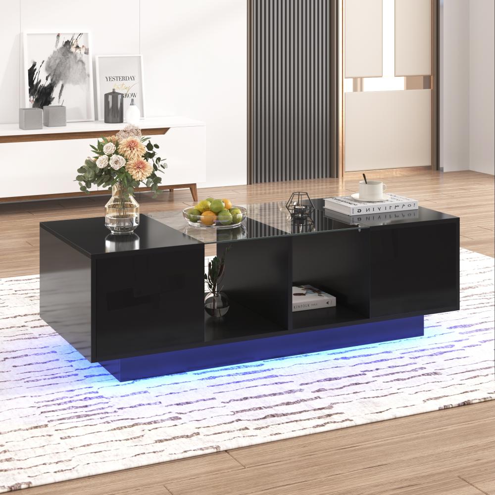 Merax Hochglanz-Couchtisch, Wohnzimmertisch mit Glasablage, zwei Türen, großer Stauraum, mehrfarbige LED-Lichteffekte, Schwarz Bild 1