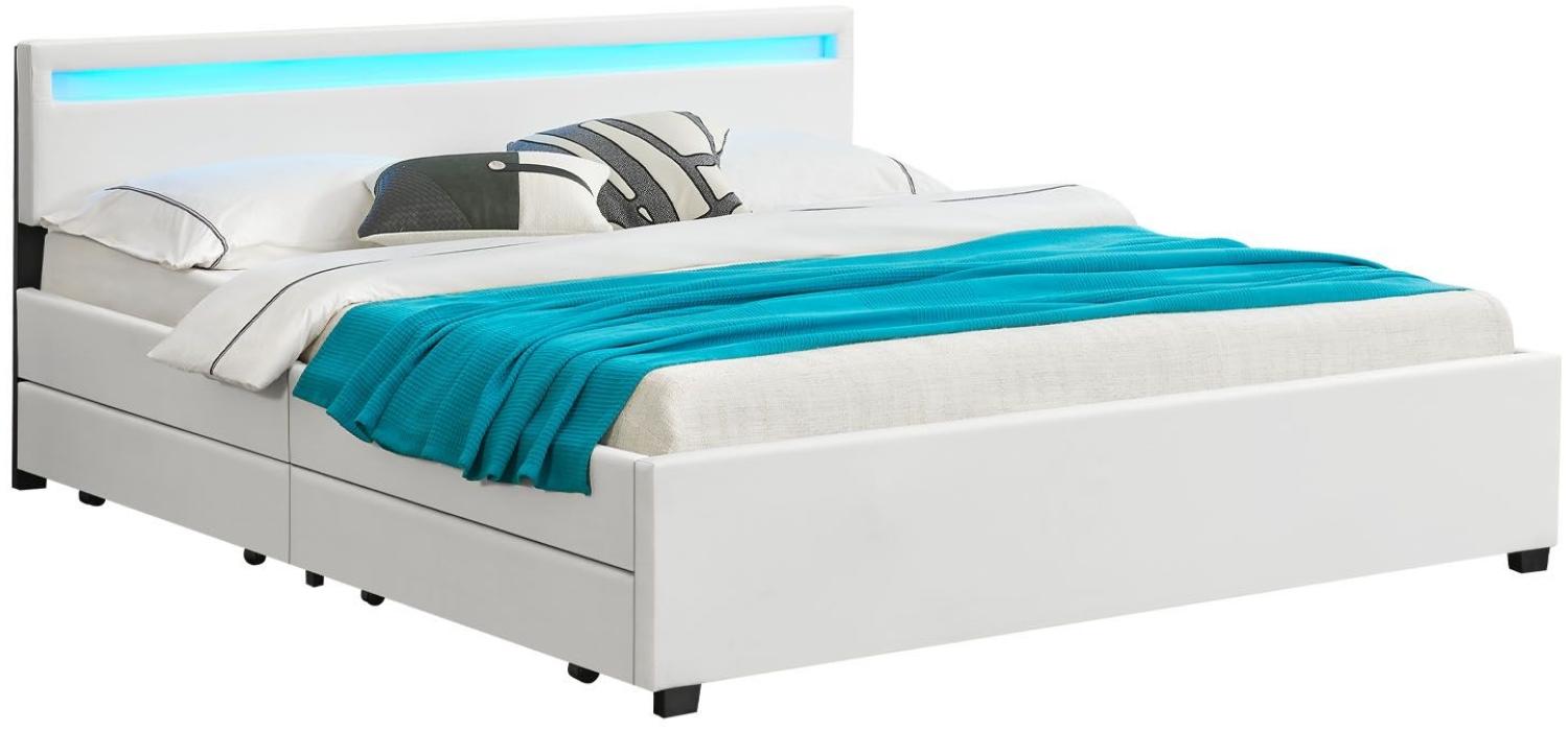 Juskys Polsterbett mit Schubladen und LED-Beleuchtung 'Lyon' Weiß 180 x 200 cm false Bild 1