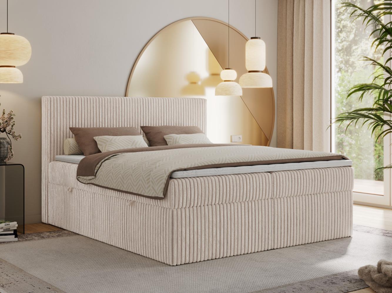 Boxspringbett mit Kopfteil und Topper, Cord Bett - TILIANO - 180 x 200 cm - Beige Cord - H3 Bild 1