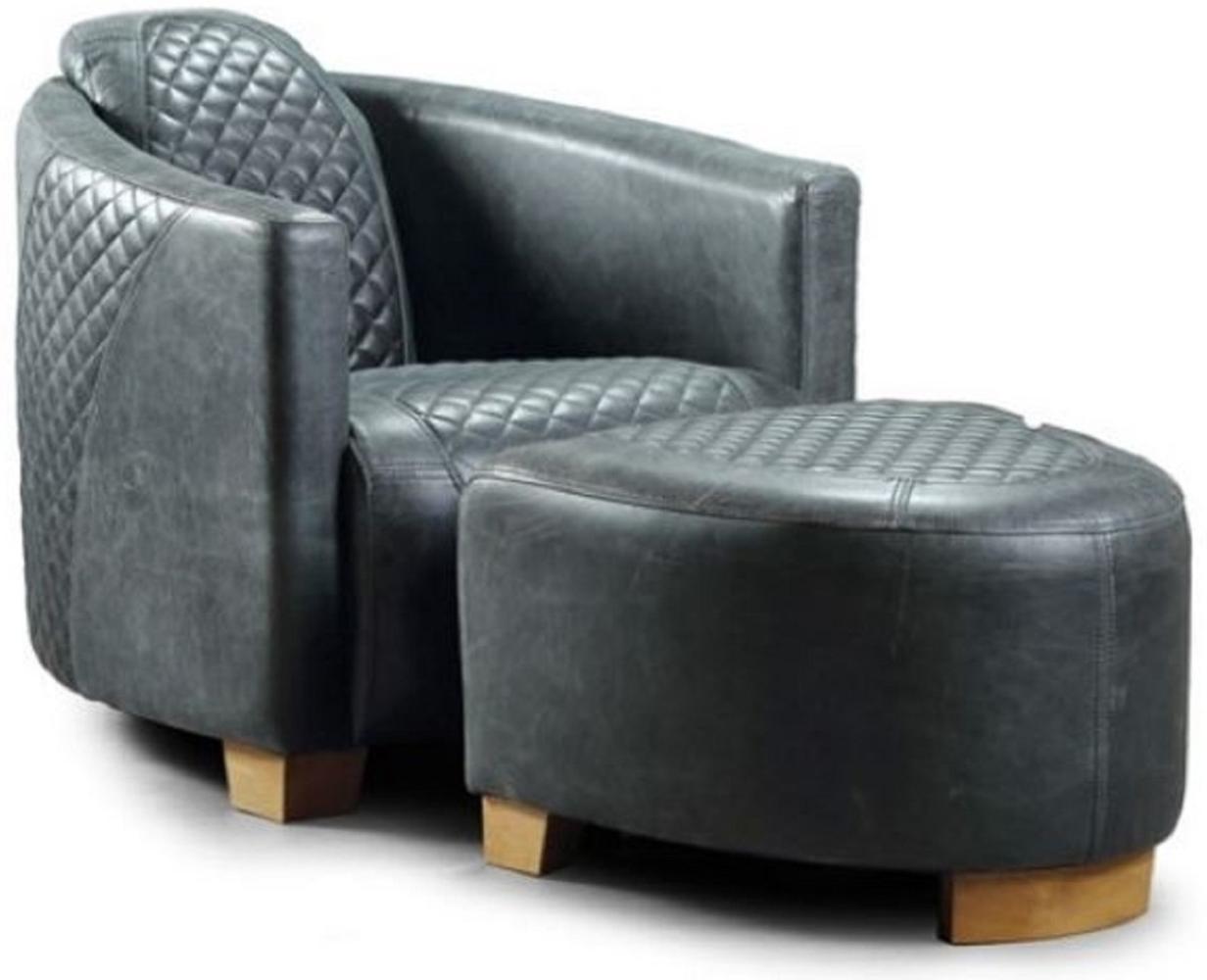Casa Padrino Luxus Leder Sessel mit Fußhocker Vintage Blau / Hellbraun - Echtleder Wohnzimmer Sessel mit Echtleder Hocker - Wohnzimmer Möbel - Echtleder Möbel Bild 1