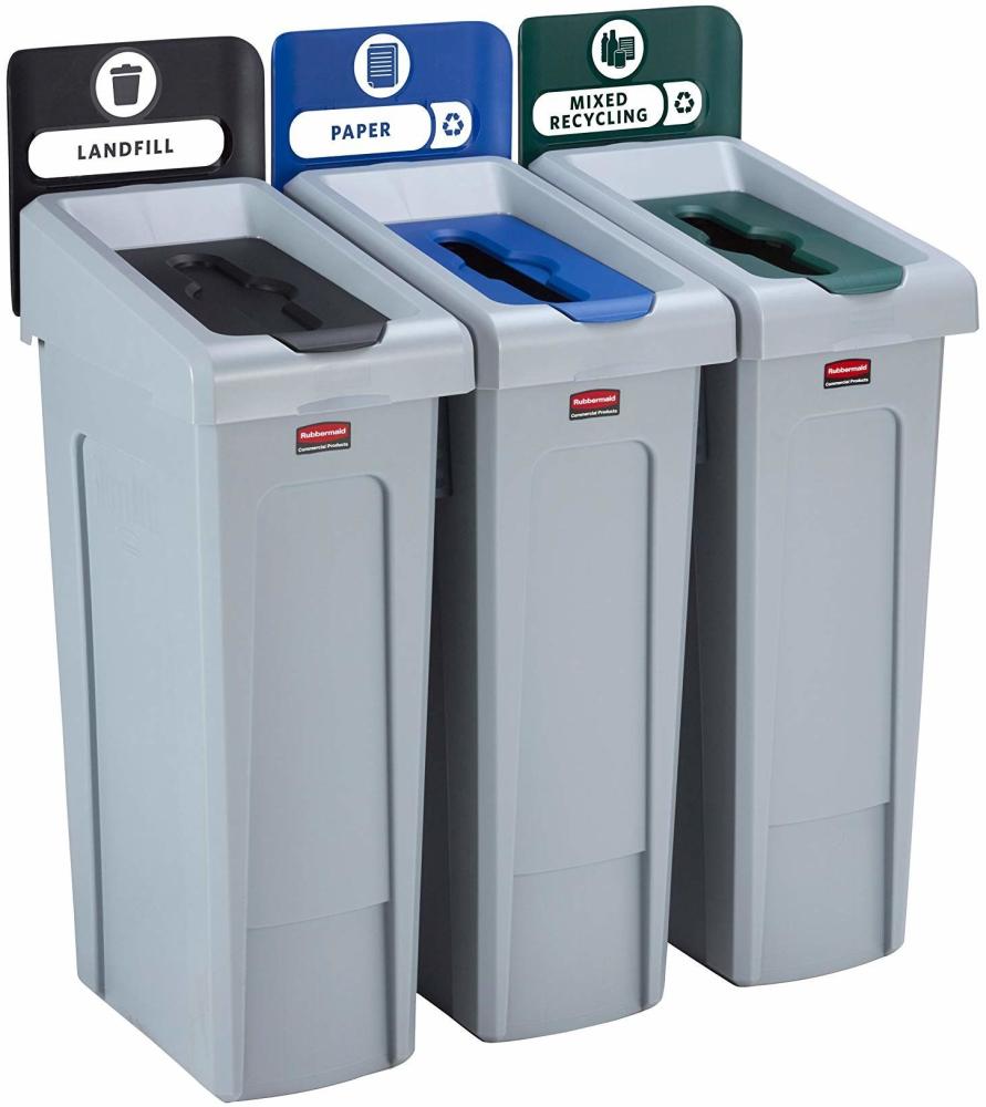 Rubbermaid Slim Jim Recycling Station Bundle 3 Strahlarten Deponie (Schwarz)-Papier (Blau)-Gemischtes Recycling (Grün) Bild 1