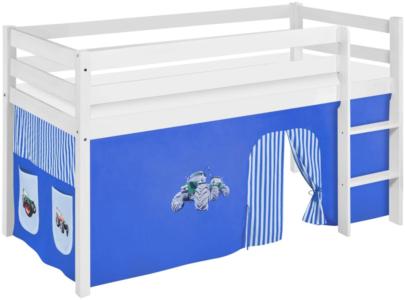 Lilokids 'Jelle' Spielbett 90 x 190 cm, Trecker Blau, Kiefer massiv, mit Vorhang Bild 1