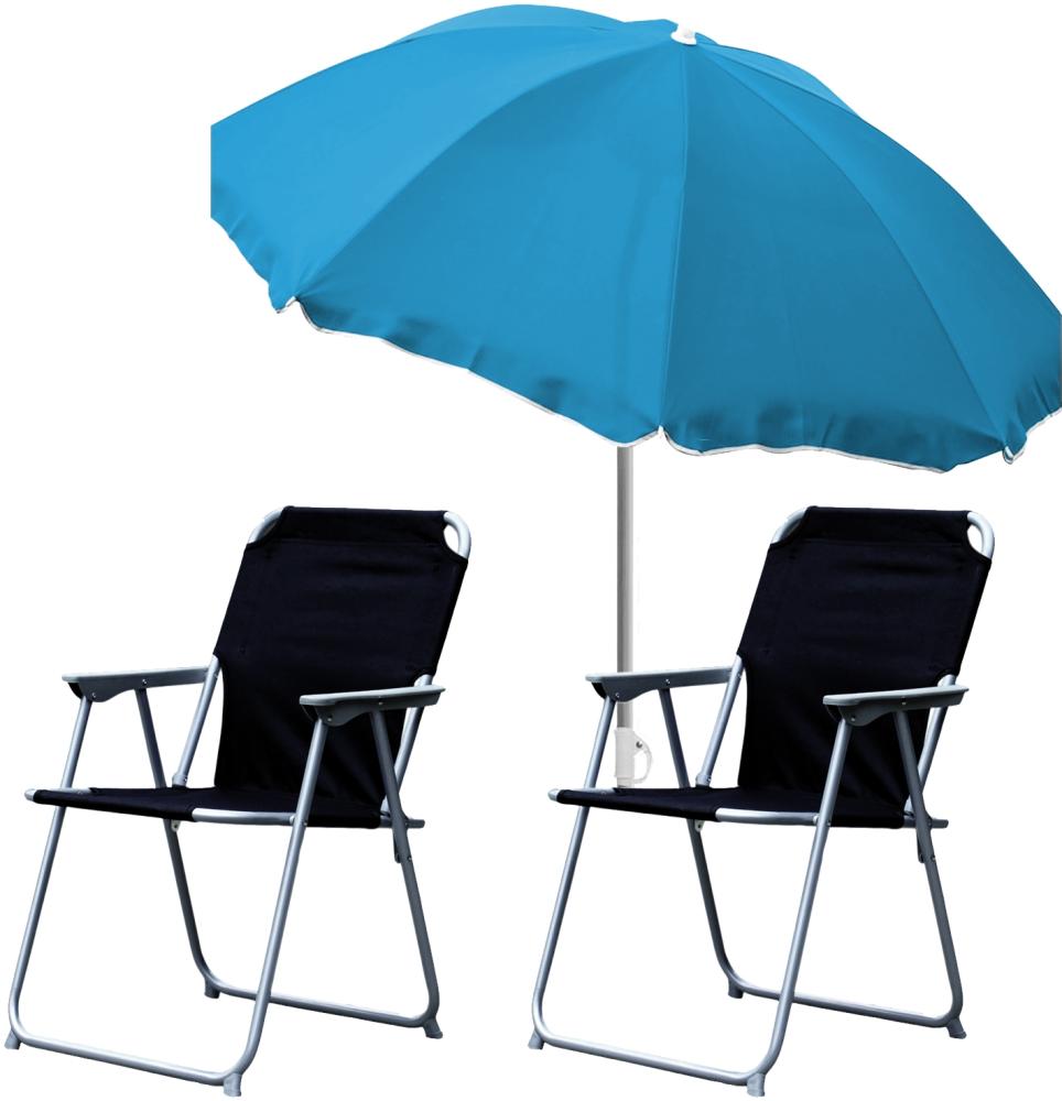 2x Campingstuhl Klappstuhl Schwarz + Sonnenschirm Ø180cm Blau Bild 1