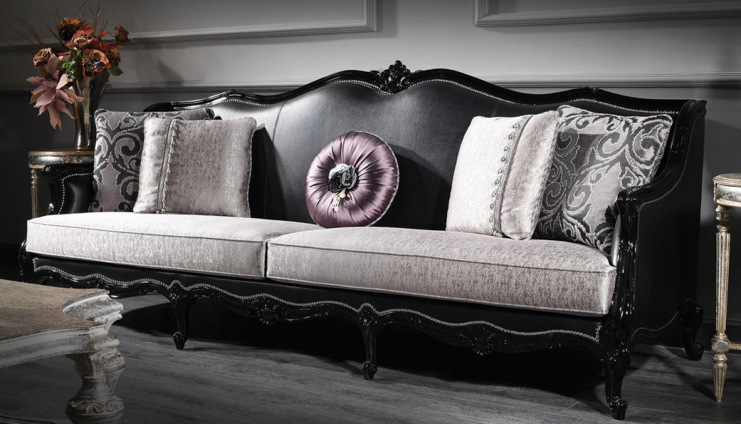 Casa Padrino Luxus Barock Wohnzimmer Sofa Silber / Schwarz 260 x 90 x H. 95 cm - Edel & Prunkvoll Bild 1