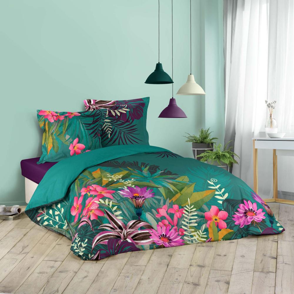 3tlg. Blumen Bettwäsche 240x220 Baumwolle Übergröße Bettdecke Kissen Bezüge grün Bild 1
