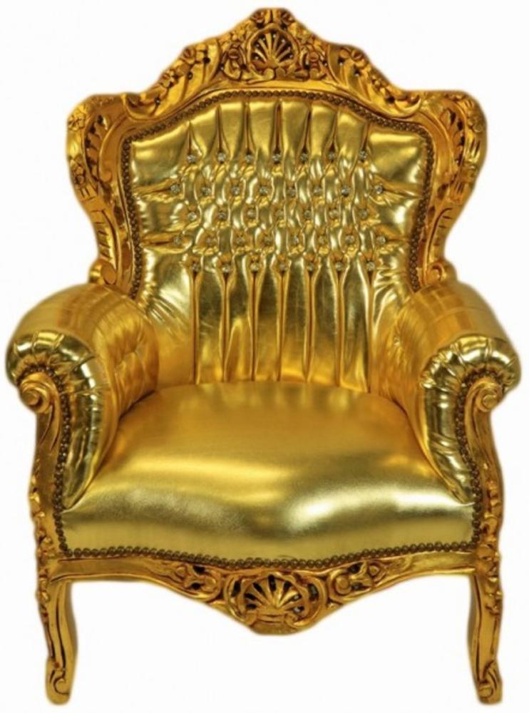 Casa Padrino Barock Sessel "King" Gold/Gold Lederoptik mit Bling Bling Glitzersteinen Bild 1
