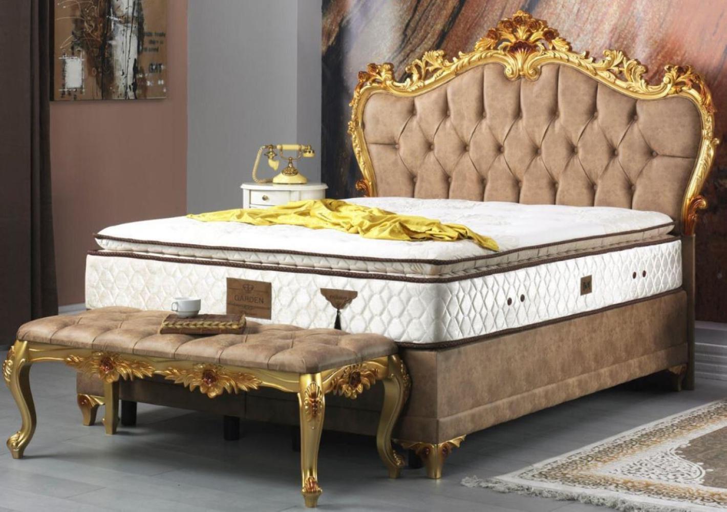 Casa Padrino Barock Doppelbett Braun / Gold - Prunkvolles Samt Bett mit Matratze - Schlafzimmer Set im Barockstil - Schlafzimmermöbel Bild 1