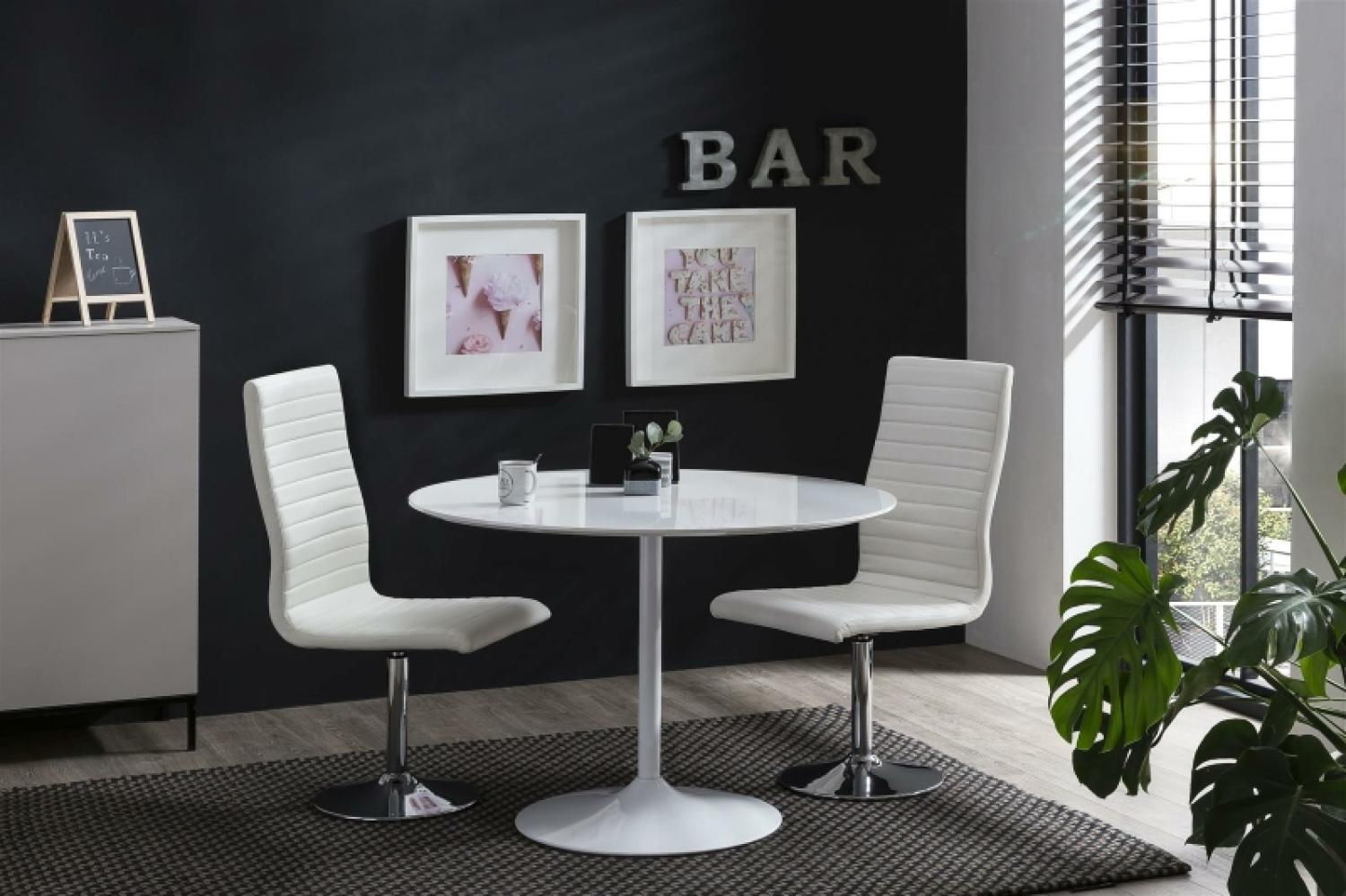 Essgruppe 5-tlg. Ø110 cm Tisch aus MDF Weiß + 4 Stühle aus Polyurethan Weiß Bild 1