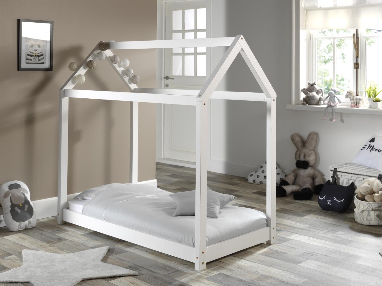 Hausbett Set CABANE mit Matratze, Liegefläche 70 x 140 cm Kiefer weiß Bild 1