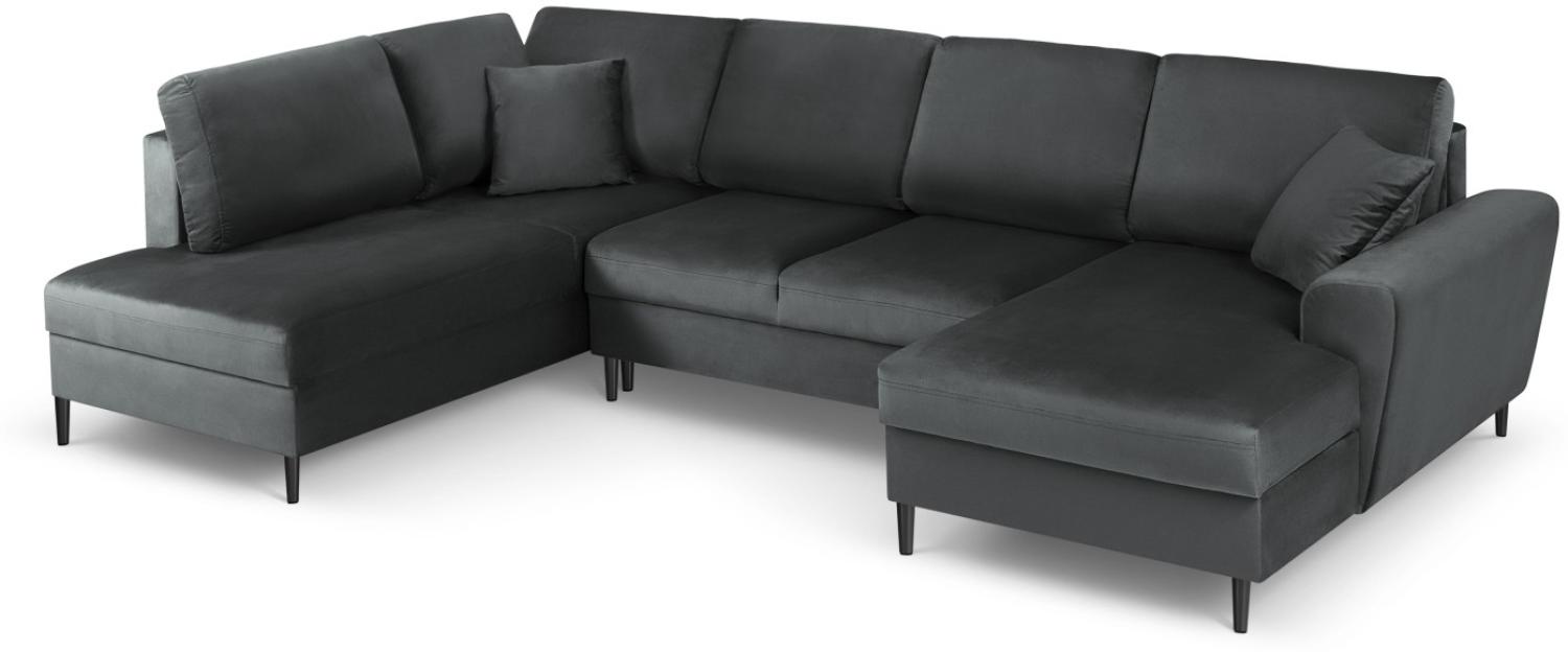 Micadoni 7-Sitzer Samtstoff Panorama Sofa Links mit Box und Schlaffunktion Moghan | Bezug Dark Grey | Beinfarbe Black Ch. Bild 1