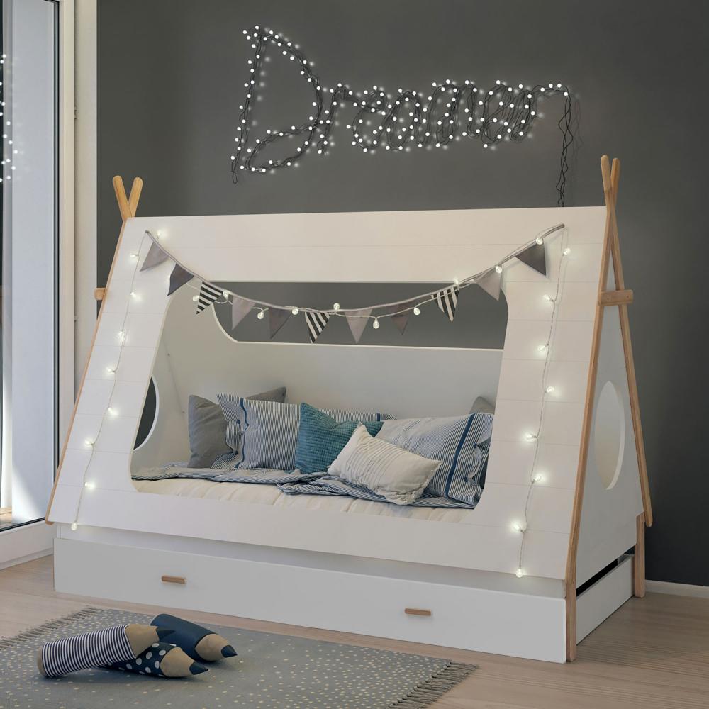 TIPI Bett Hausbett Kinderbett Spielbett 90x200 cm Holzbett Weiß Bettkasten Lattenrost Kinderzimmer Bild 1