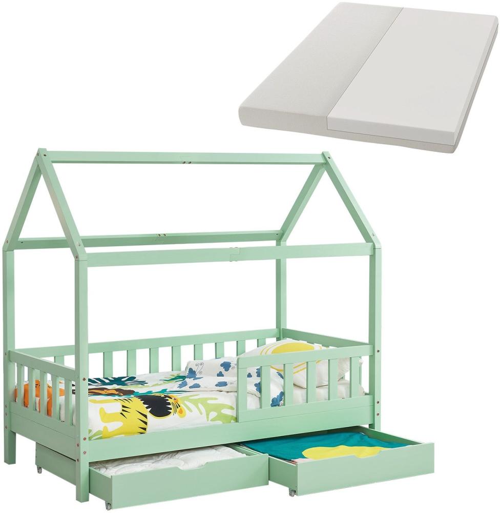 Juskys Kinderbett Marli 90 x 200 cm mit Matratze, Bettkasten, Rausfallschutz, Lattenrost & Dach - Massivholz Hausbett für Kinder - Bett in Mint Bild 1