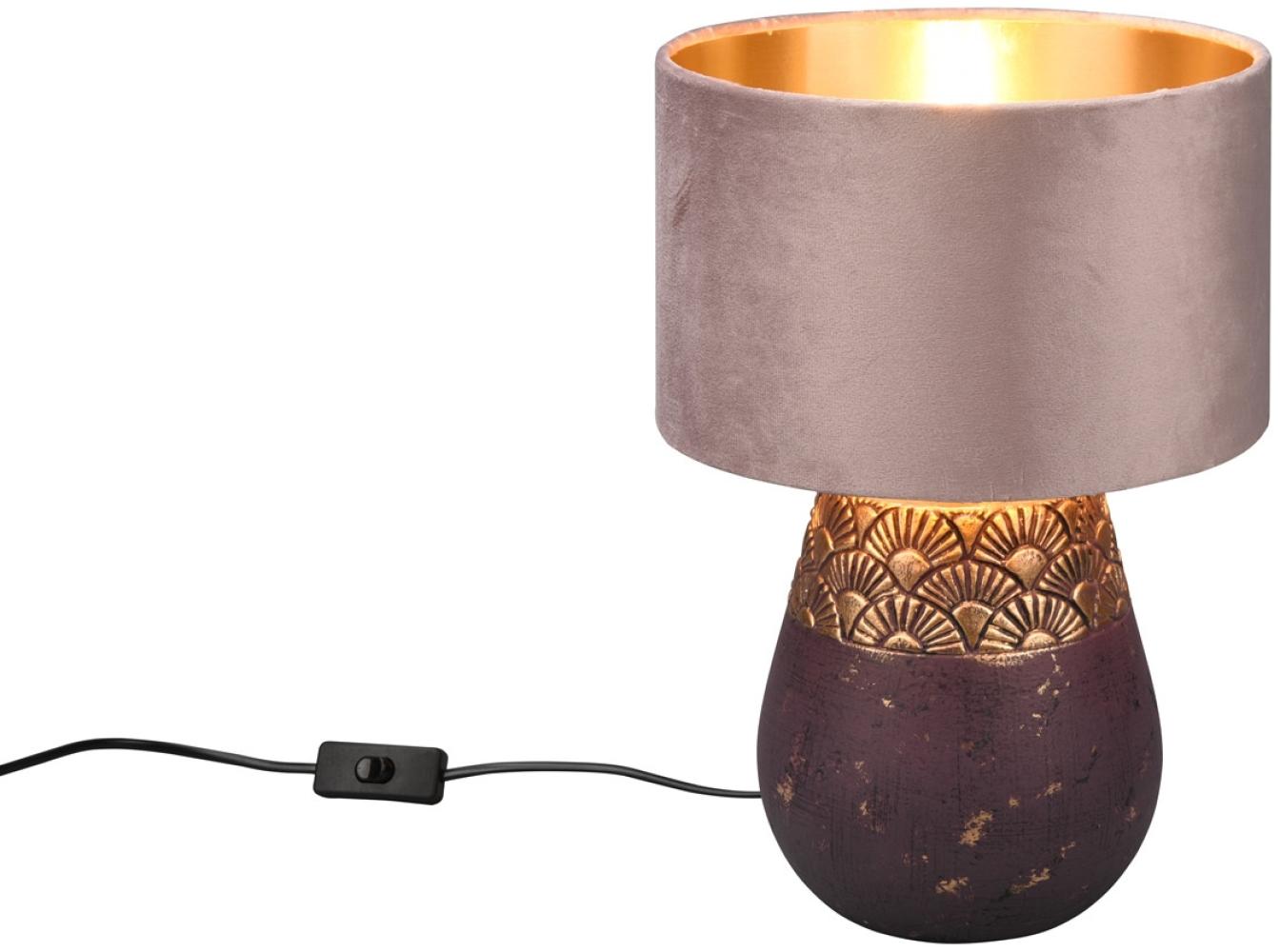 LED Tischleuchte Keramikfuß Braun mit Samtschirm Pastellrosa Gold, Höhe 38cm Bild 1