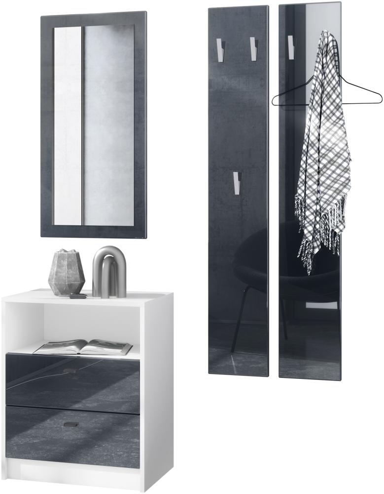 Vladon Garderobe Pino V1, Garderobenset bestehend aus 1 Kommode, 1 Wandspiegel und 2 Garderobenpaneele, Weiß matt/Schwarz Hochglanz (ca. 130 x 185 x 36 cm) Bild 1