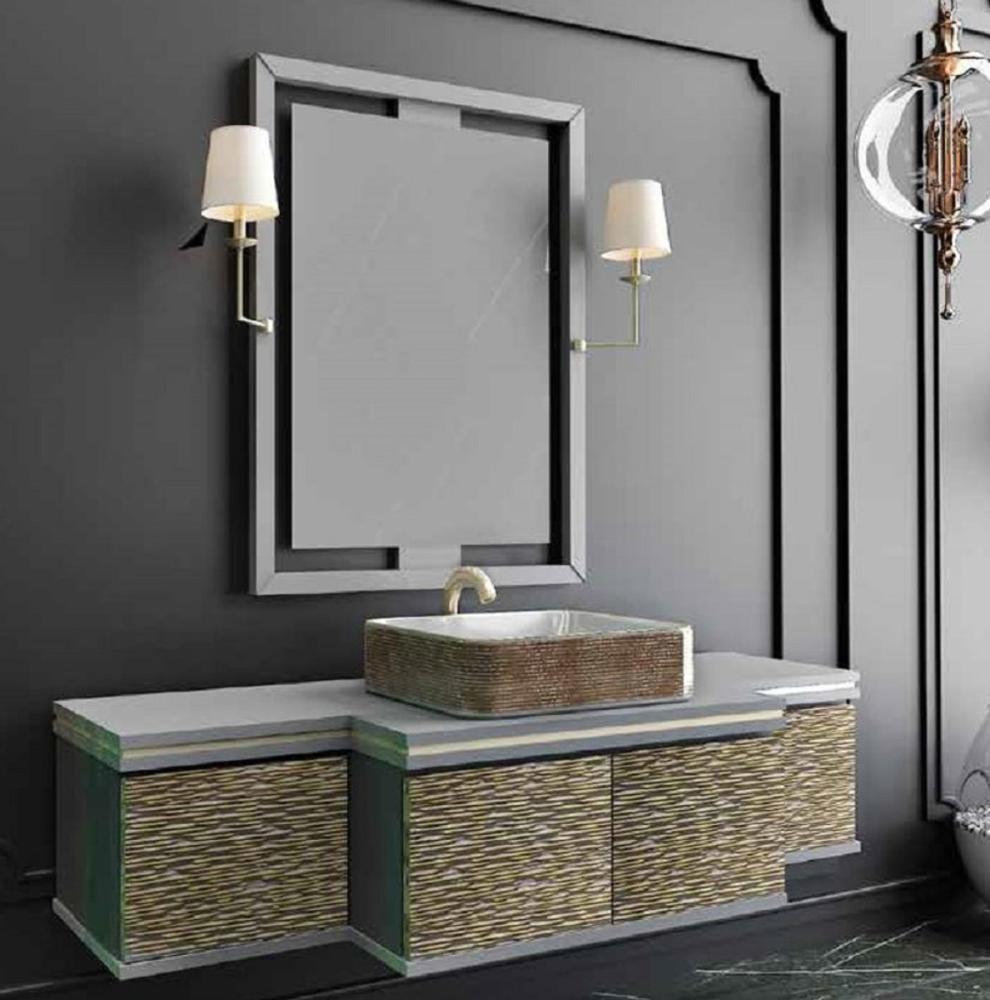 Casa Padrino Luxus Badezimmer Set Grau / Gold / Schwarz - 1 Waschtisch mit 4 Türen und 1 Waschbecken und 1 Wandspiegel mit 2 Wandleuchten - Luxus Kollektion Bild 1