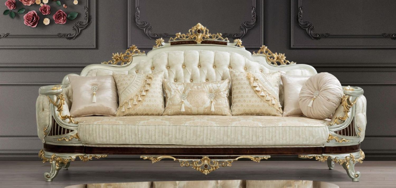 Casa Padrino Luxus Barock Sofa Creme / Beige / Dunkelbraun / Silber / Gold 260 x 90 x H. 125 cm - Prunkvolles Barockstil Wohnzimmer Sofa mit elegantem Muster - Barock Möbel Bild 1