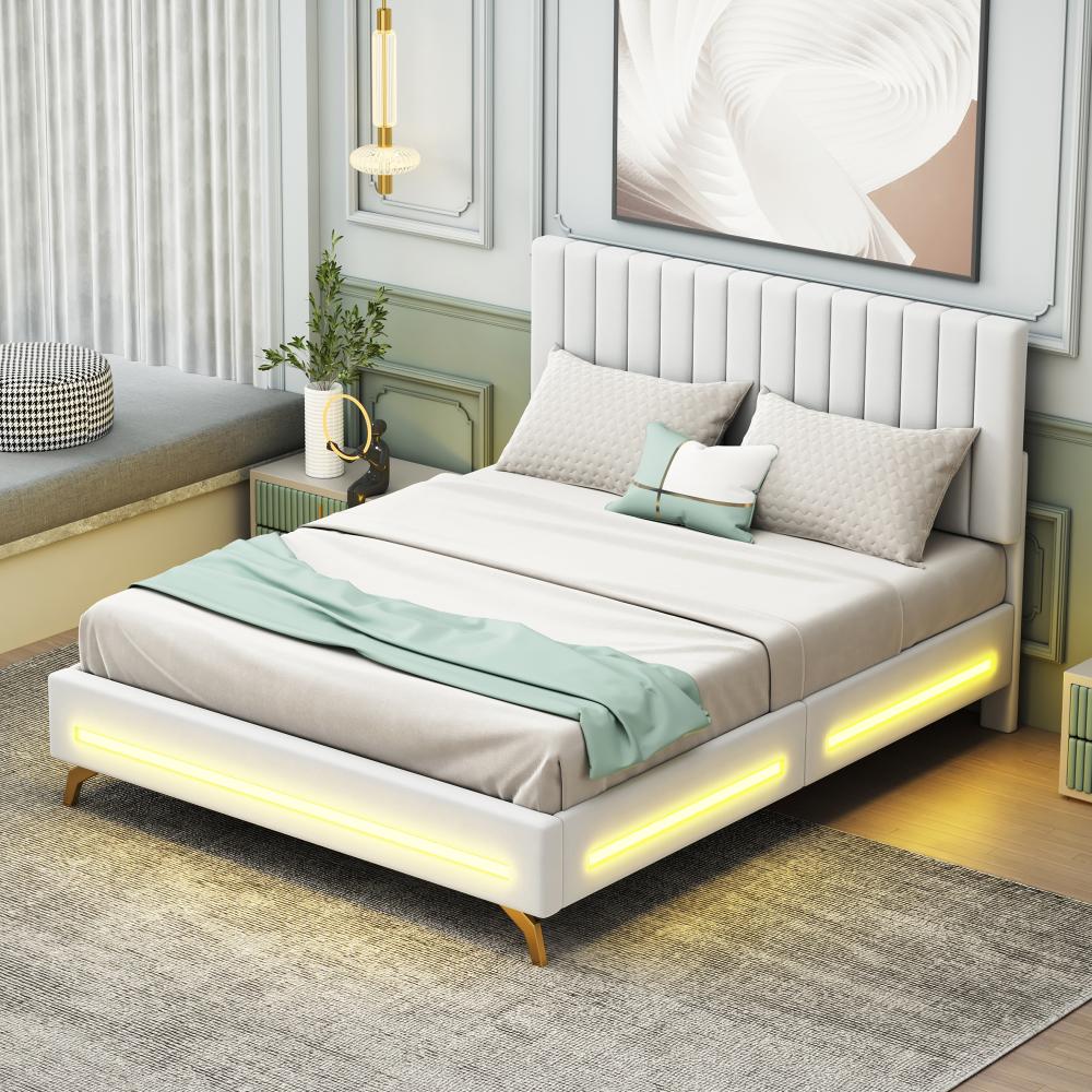 Merax Polsterbett 140 x 200 cm, mit LED-Leuchten, Samtstoff, Doppelbett mit verstellbarem Kopfteil, Weiß (Ohne Matratze) Bild 1