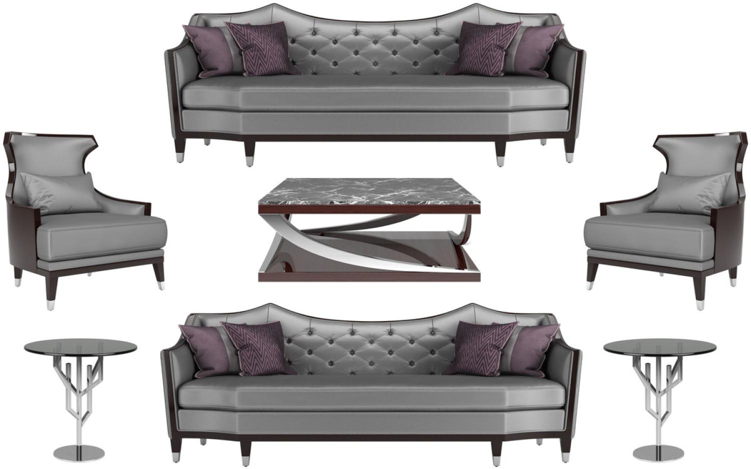 Casa Padrino Luxus Wohnzimmer Set Silber / Schwarz / Dunkelbraun - 2 Sofas & 2 Sessel & 1 Couchtisch & 2 Beistelltische - Luxus Wohnzimmer Möbel Bild 1