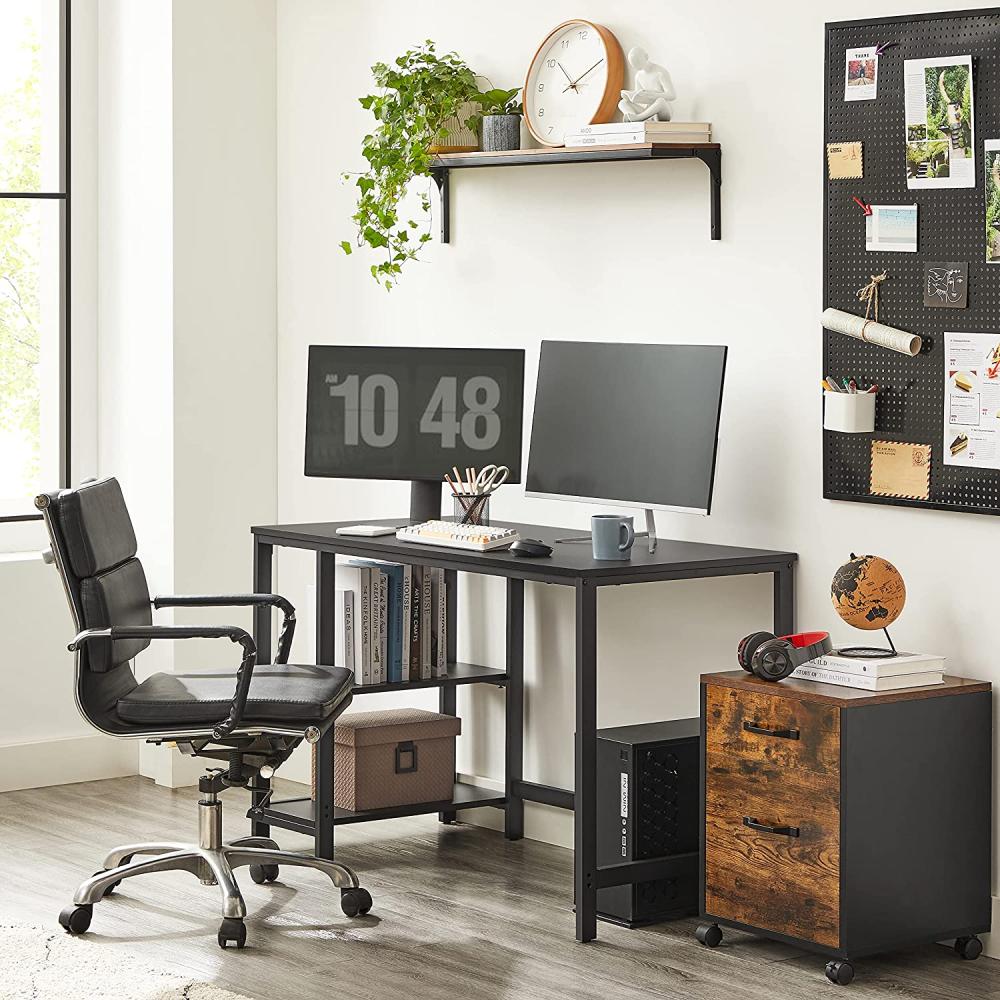 VASAGLE Schreibtisch, Computertisch, PC-Tisch, Bürotisch, mit 2 Ablagen auf der rechten oder linken Seite, fürs Büro, Wohnzimmer, Stahlgestell, Industrie-Design, schwarz Bild 1